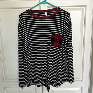 grateful heart stripe long sleeve tee with buffalo plaid details